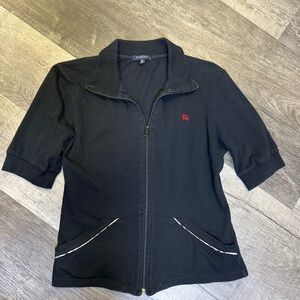 Burberry London Black Short Sleeve Zip Jacket Size M • Nova Check Trim